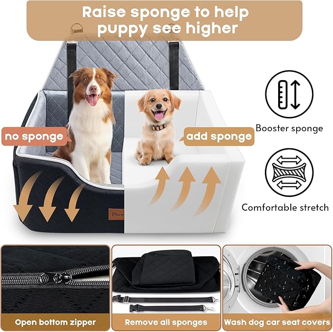 Dog Car Seat for Large Medium Size Puppy Dog,Soft Fabric Dogs Bed Filling Memory Foam,2 Clip-On Safety Leashs and 2 Pockets,Removable and Washable Comfy Pet Travel Car Seat(Black, Large)