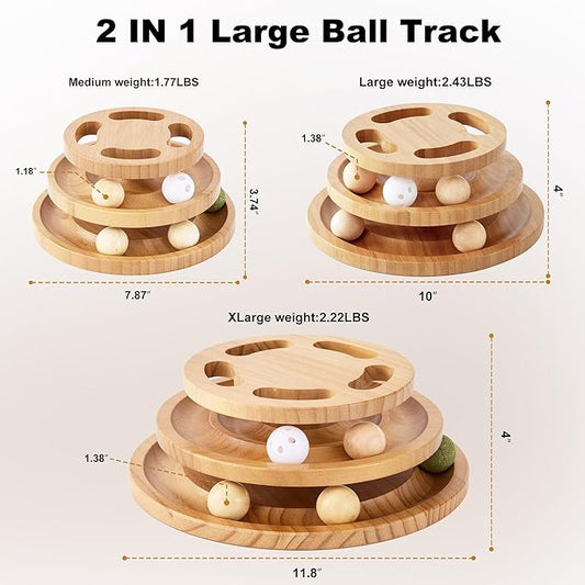 ZOMISIA Cat Ball Track Toy with Puzzle Top and DIY Bell, Wooden Cat Toys for Indoor Cats, Interactive Kitty Ball Tower for Kitten Exercise Mental Physical