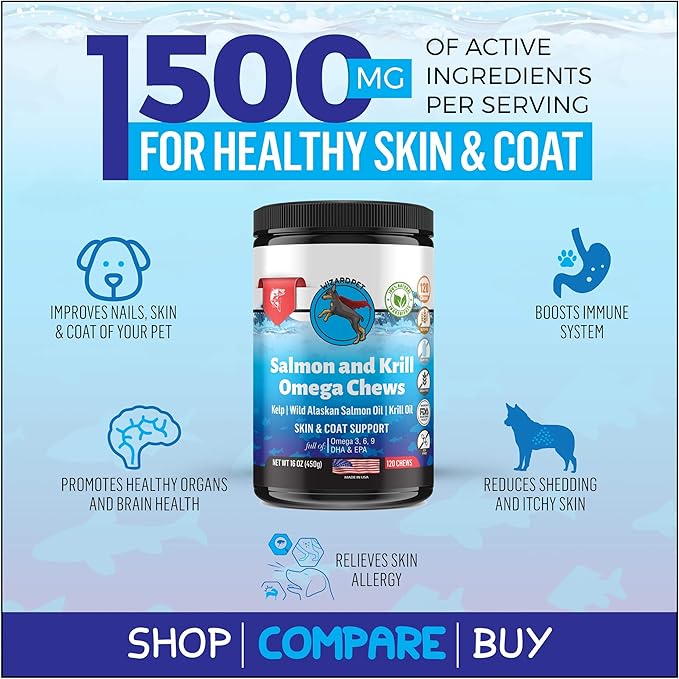 WIZARDPET Wild Alaskan Salmon Krill Oil Chews for Dogs - 120 Soft Treats - Omega 3 6 9 Fish Supplement EPA, DHA for Itch-Free Skin Coat Joints - Allergy Relief - Reduce Hair Shedding - Made in USA