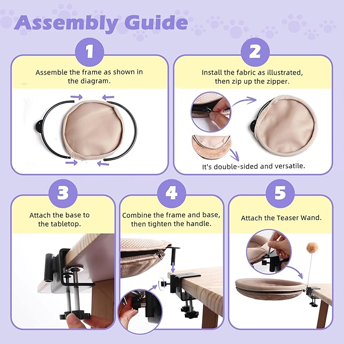 RASSR Cat Desk Bed with Teaser Wand, Under Desk Cats Bed Platform with Sturdy Clamp, Space-Saving Cat Perch Mounts Underneath Desk for Large Cats(Khaki)