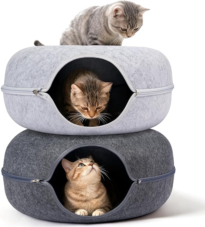 Peekaboo Cat Cave Bed for Indoor Cats, Scratch-Resistant Cat Donut Tunnel for Multiple & Large Cats, Detachable Round Cat Hideaway for Playing, Sleeping and Hiding, Up to 30-45 lbs