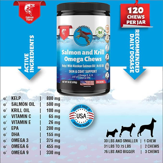 WIZARDPET Wild Alaskan Salmon Krill Oil Chews for Dogs - 120 Soft Treats - Omega 3 6 9 Fish Supplement EPA, DHA for Itch-Free Skin Coat Joints - Allergy Relief - Reduce Hair Shedding - Made in USA