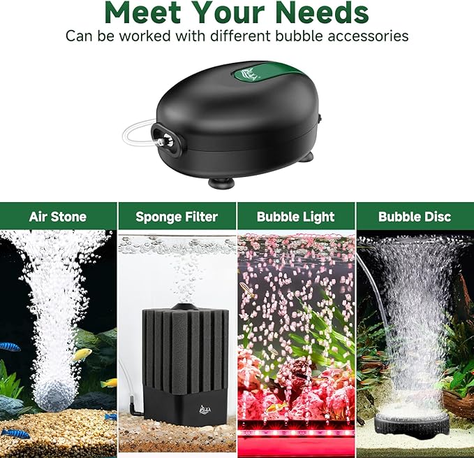AQQA Aquarium Air Pump Quiet Fish Tank Aerator Pump Powerful Oxygen Pump Single Outlet Air Pump Bubbler with Air Stone Tubes Check Valves for Hydroponics Water Tank (2.5W for Up to 40 Gal Tank)