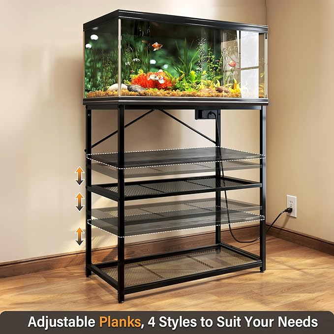 TC-HOMENY Fish Tank Stand 10-20-29-37 Gallon, 1000LB Capacity Aquarium Stand with Charging Station，31" L x 16" W Metal Reptile Tank Stand, Double Storage Design Adjustable Boards, Black (Tank not Included)
