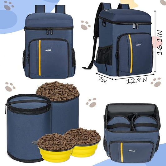 ANILD Dog Travel Backpack - Airline Approved Double-layer Pet Travel Bag Accessories with 2 Food Storage Bag and 2 Foldable Silicone Bowls for Hiking & Camping