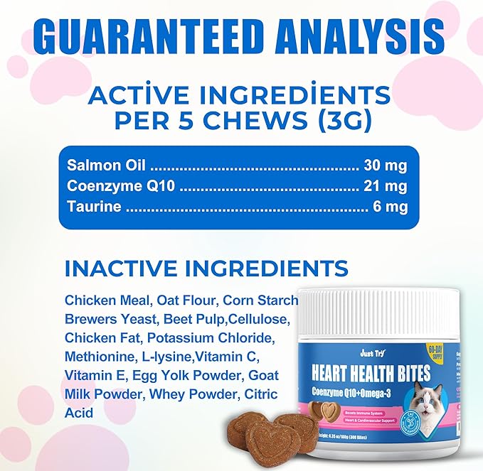 Just Try Coenzyme Q10 coq10 Bites for Cats - Advanced q10 & Taurine Cat Treats for Feline Heart Health - Chicken Flavored Soft Chews - Supports Heart Function - 300 Count