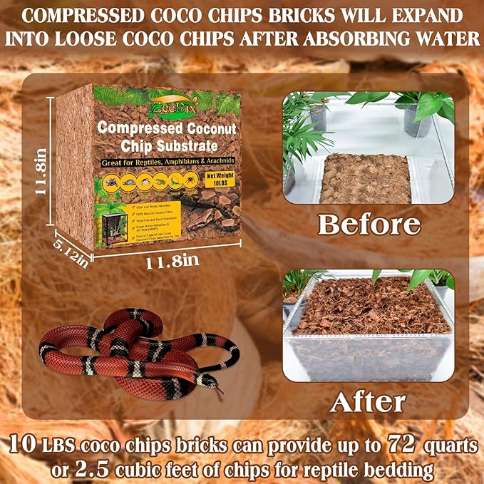 ZeeDix 10LBS Coconut Husk Chip Substrate for Reptiles, 72QT Compressed Organic Coco Coir Chips for Snake Habitat, Reptile Bedding for Ball Python, Tortoises, Geckos, Lizards Terrarium Tanks