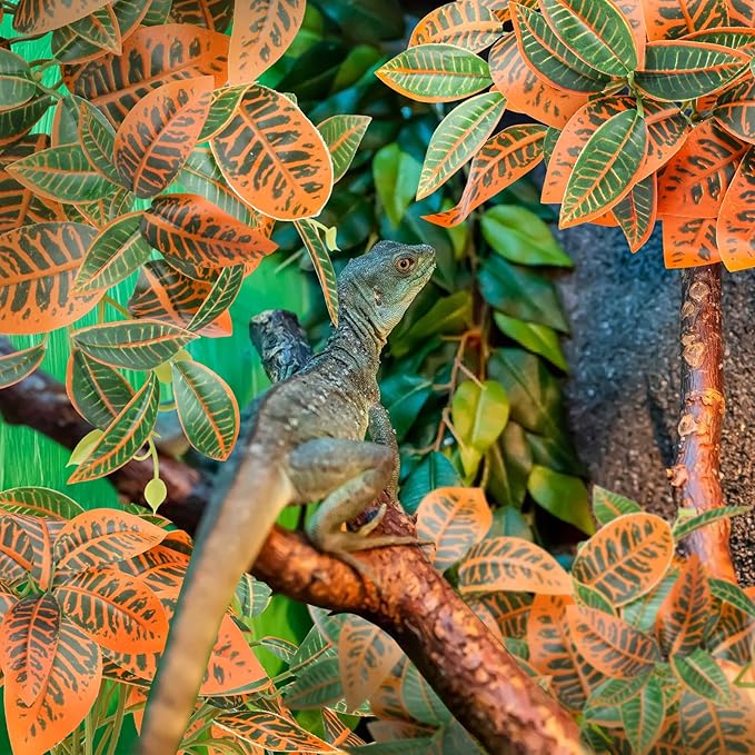 2 Pack Reptile Plants, Artificial Hanging Plants with Suction Cups, Habitat Decor Plastic Vines Decorations for Bearded Dragons Lizards Snake Geckos Frogs -Gold