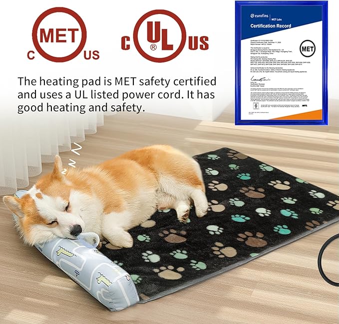 GOLOPET Cat Heating Pad 18x18 in with Smart Thermostat Switch and Power Line Protection Tube,Obtained MET and UL Dual Certification,Waterproof Pet Heating Pad for Cats, with Black Cloth Cover