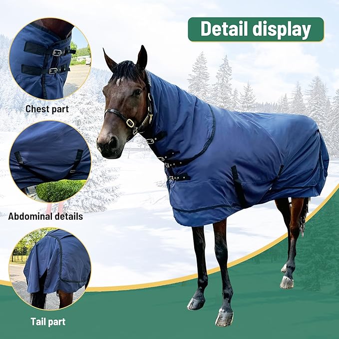 Winter Horse Blanket with Neck Cover for Real Horses | Horse Turnout Blanket | Open Front with 2 Buckles | 1200 Denier 220g (Navy Blue, 82'')