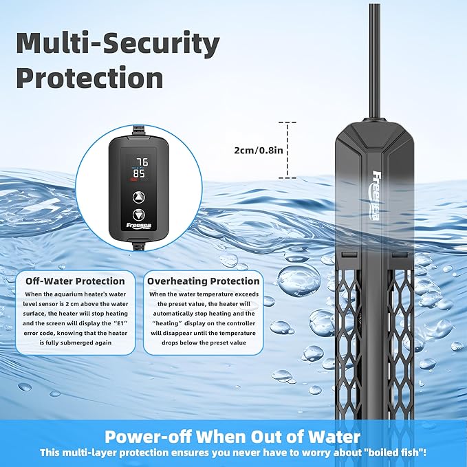 FREESEA Aquarium Heater for Fish Tank: 100W/200W/300W/500W Submersible Fish Tank Heater with Over-Temperature and Off-Water Protection for 40-75 Gallon Saltwater and Freshwater