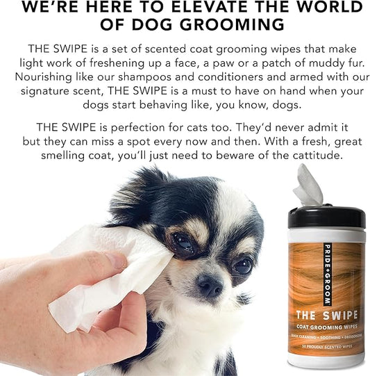 Pride and Groom The Swipe – Soothing Coat Grooming Dog and Pet Wipes with Signature Scent for Quick Cleaning & Deodorizing Face, Paw, Fur in Between Baths and After Dinner & Playtime – 50 Wipes