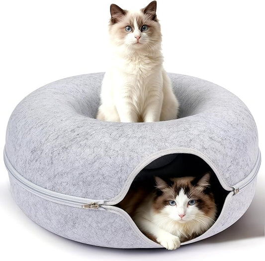 Peekaboo Cat Cave Bed for Indoor Cats, Scratch-Resistant Cat Donut Tunnel for Multiple & Large Cats, Detachable Round Cat Hideaway for Playing, Sleeping and Hiding, Up to 30-45 lbs
