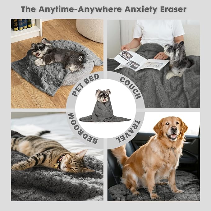 gogobunny Calming Plush Dog Cat Blanket 300GSM Coral Fleece, Ultra-Soft Machine Washable Pet Bedding for Small Medium Dogs Cats Puppies Kittens (Anthracite, 25x35)