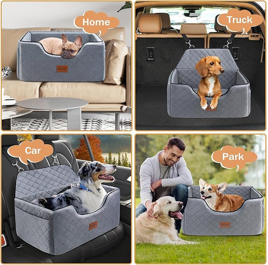 Dog Car Seat for Large-Medium Dogs: Pet Car Seat, Detachable Washable Dog Booster Seat, Pet Travel Bed with Storage Pockets and Dogs Safety Belt (Grey, Large)