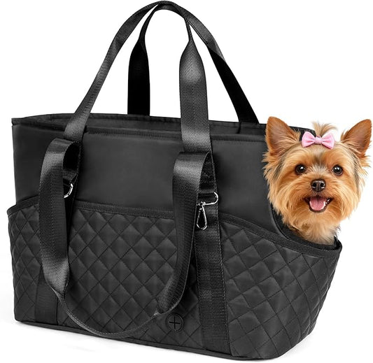 YUDODO Dog Purse Carrier for Small Dogs, Soft-Sided Pet Carrier with Large Pockets & Safety Harness Clip, Collapsible Dog Tote Bag, Travel Carriers up to 10 lbs, Black