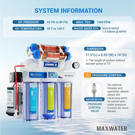 Max Water 6 Stage 200 GPD (Gallon Per Day) RODI (Reverse Osmosis Deionization) Water Filtration System + Digital TDS Meter + Booster Pump for Aquarium