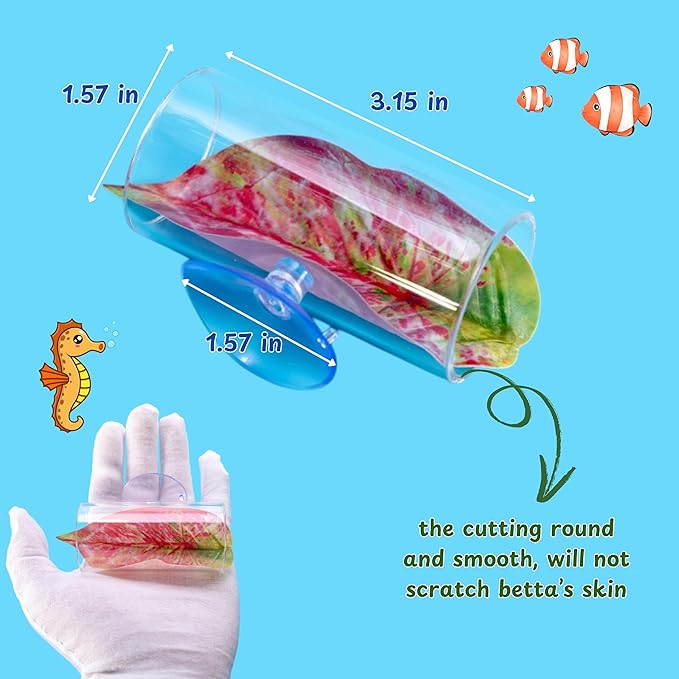 Betta Tunnel with 2 Pcs Veggie Clips for Aquarium, Betta Hideout Tunnel, Leaf Pad Tube and Fish Food Clip, Leaf Clip Feeding Tool, Bettas Fish Tank Accessories for Breeding Resting Feeding (S, Tube)