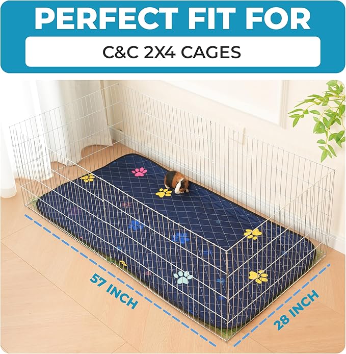 Washable Rabbit & Guinea Pig Cage Liner & Bedding for C&C 2x4 (57"x28"), 2 Pack, Easy to Clean Unlike Fleece, Fast-Drying, Waterproof, Absorbent, Non-Slip Pee Pad, Reusable Bunny Mat for Small Animals