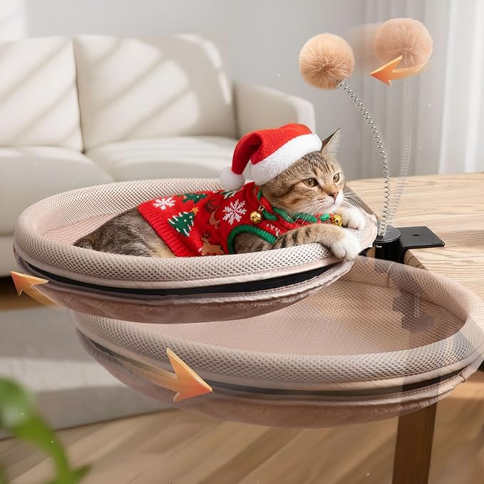 RASSR Cat Desk Bed with Teaser Wand, Under Desk Cats Bed Platform with Sturdy Clamp, Space-Saving Cat Perch Mounts Underneath Desk for Large Cats(Khaki)