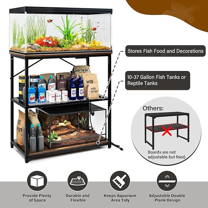 TC-HOMENY Fish Tank Stand 10/20/29/37 Gallon, Aquarium Stand with Charging Station,1000LB Capacity ,31" L x 16" W Metal Reptile Tank Stand, Double Storage Design Adjustable Boards, Brown(Tank not Included)