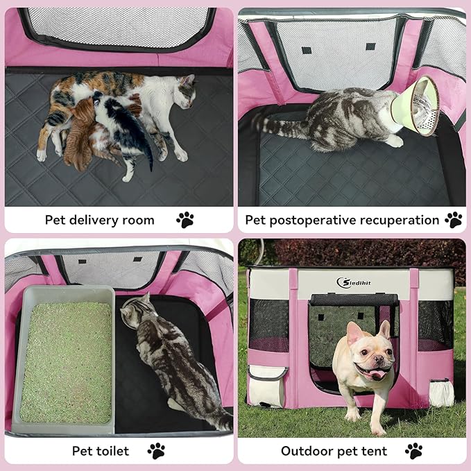 Dog Cat Playpen, Pet Puppy Portable Playpens for Dogs Indoor Outdoor Travel Crate,Foldable Dog Kennel Tent for Rabbit or Small Animals and Tent Stakes (Pink, Large)