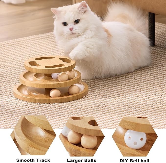 ZOMISIA Cat Ball Track Toy with Puzzle Top, Wooden Cat Toys for Indoor Cats with Spinning Balls, Interactive Large Cat Ball Tower for Kitten Kitty Exercise Mental Physical
