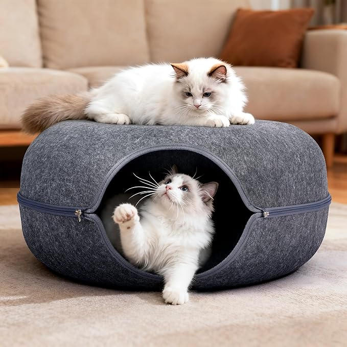 Peekaboo Cat Cave Bed for Indoor Cats, Scratch-Resistant Cat Donut Tunnel for Multiple & Large Cats, Detachable Round Cat Hideaway for Playing, Sleeping and Hiding, Up to 30-45 lbs