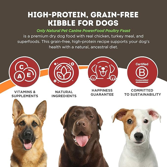 Only Natural Pet Dry Dog Food Canine PowerFood Formula - Paleo Inspired Formula with No Grain, Soy, Corn, Wheat or Oats – Poultry Feast 20 lb Bag