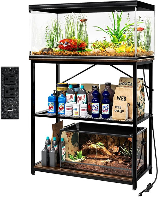 TC-HOMENY Fish Tank Stand 10/20/29/37 Gallon, Aquarium Stand with Charging Station,1000LB Capacity ,31" L x 16" W Metal Reptile Tank Stand, Double Storage Design Adjustable Boards, Brown(Tank not Included)