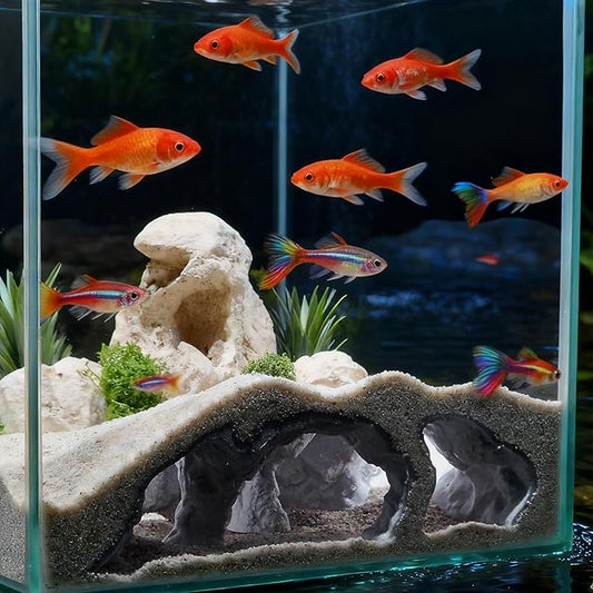 LIYAOLI Aquarium Cave Tunnel Hideout - 3D Printed Fish Tank Cave Decor for Pleco,Friendly Sinking Base Shrimp/Betta Fish Hideout for Aquarium with Viewing Ports (M - Grey)