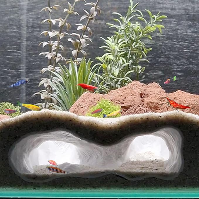 LIYAOLI Aquarium Ornaments Cave Tunnel with Viewing Ports | Fish Tank Decoration Hideout for Pleco, Shrimp & Corydoras | Substrate-Friendly Design & Sinking Base
