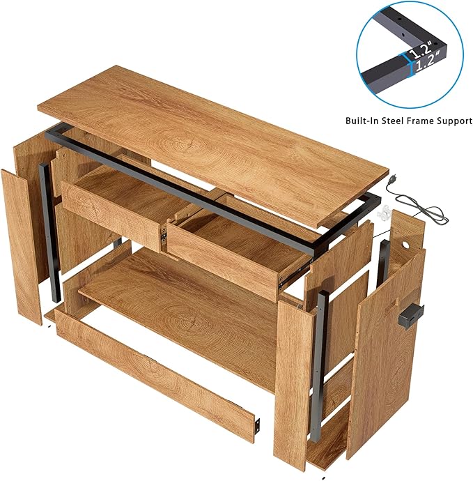 55–75 Gallon Aquarium Stand for Fish Tank & Turtle Tank, MDF Top & Drawers, Reinforced Metal Frame, LED Light, Power Outlets, 1000 lbs, 55.1”W × 18.5”D(Natural)