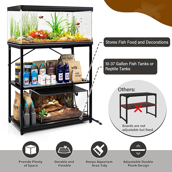 TC-HOMENY Fish Tank Stand 10-20-29-37 Gallon, 1000LB Capacity Aquarium Stand with Charging Station，31" L x 16" W Metal Reptile Tank Stand, Double Storage Design Adjustable Boards, Black (Tank not Included)
