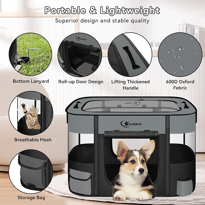 Dog Cat Playpen, Pet Puppy Portable Pens for Outdoor Travel Crate, Indoor After Surgery Use, Foldable Dog Kennel Tent for Rabbit or Small Animals and Tent Stakes(Dark Grey, Middle)