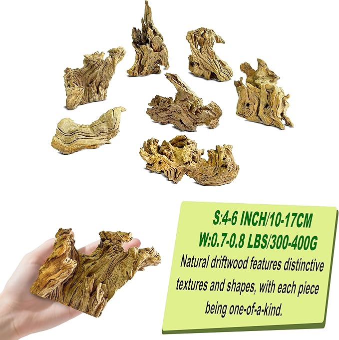 Natural Driftwood for Aquarium Decor,Reptile Habitat&Home DIY Decor,Naturally Unique Shapes Weathered Wood,Easy to Use XS-(4-6 Inch/0.7-0.8 Lbs)-Pack of 3