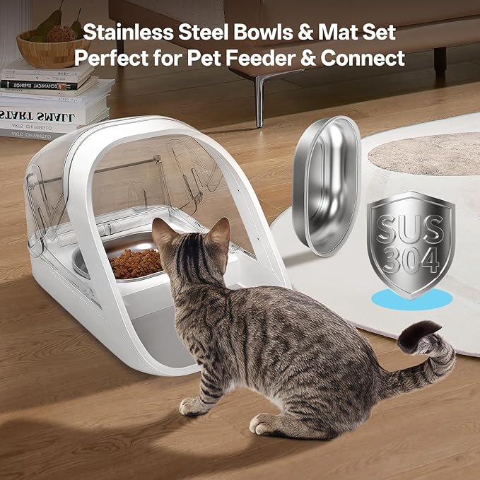 Stainless Steel Bowls and Mat Set for Automatic Microchip Pet Feeder, YOIHABV 2 Single SUS 304 Bowls and 1 Silicone Mat, Keep Food Fresh, Easy to Clean, Protect Cat Feeder