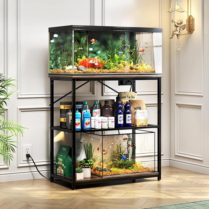 TC-HOMENY Fish Tank Stand 10/20/29/37 Gallon, Aquarium Stand with Charging Station,1000LB Capacity ,31" L x 16" W Metal Reptile Tank Stand, Double Storage Design Adjustable Boards, Brown(Tank not Included)