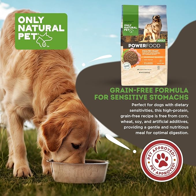 Only Natural Pet Dry Dog Food Canine PowerFood Formula - Paleo Inspired Formula with No Grain, Soy, Corn, Wheat or Oats – Poultry Feast 20 lb Bag