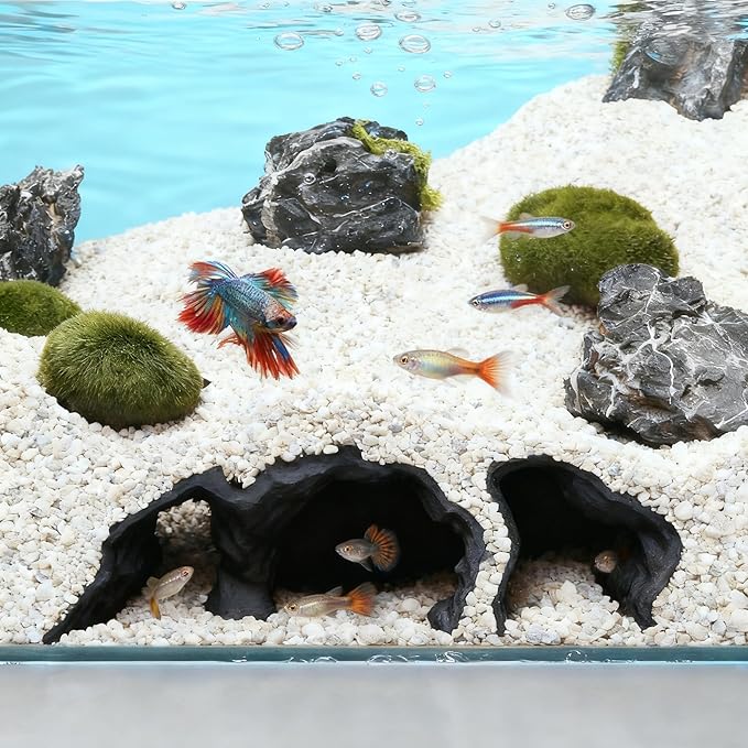 LIYAOLI Aquarium Ornaments Cave Tunnel with Viewing Ports | Fish Tank Decoration Hideout for Pleco, Shrimp & Corydoras | Substrate-Friendly Design & Sinking Base (S - Black)