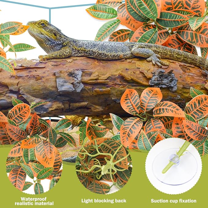 2 Pack Reptile Plants, Artificial Hanging Plants with Suction Cups, Habitat Decor Plastic Vines Decorations for Bearded Dragons Lizards Snake Geckos Frogs -Gold