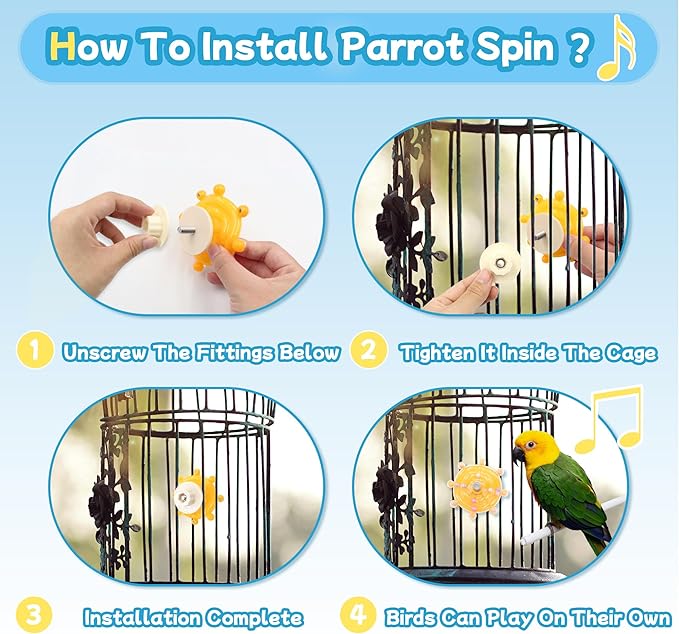 2 Colors Bird Toys for Parrots, Small Bird Cage Toys with Spinning Rattle, Hanging Roller Parakeet Cage Accessories for Chewing Exercise, Budgie Entertainment (White and Yellow)