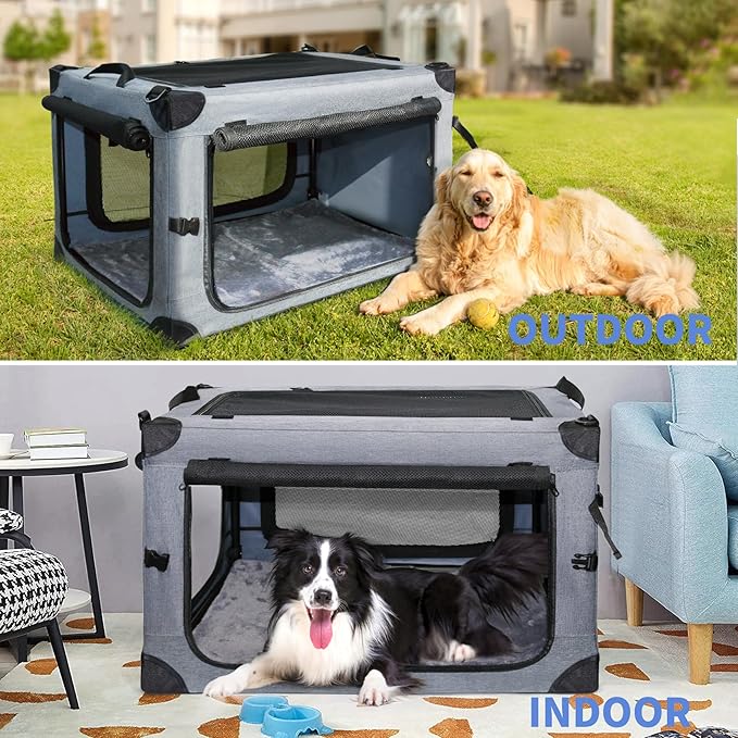 NEZUC Soft Collapsible Dog Crate - 24 Inch Portable Soft Sided Travel Dog Crates for Small Dogs, 4-Door Foldable Dog Carrier, Pet Kennel Indoor & Outdoor (Gray, 24.0" L x 17.0" W x 17.0" H)