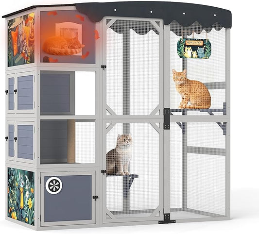 COZIWOW Insulated Outdoor Cat Catio, Large Wood Cat Enclosure with Weatherproof Roof, 2 Resting Rooms, 2 Platforms, 4-Tier Cat Playpen (Grey-Insulated)
