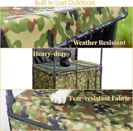 UIQELYS Large Outdoor Cat House, Weatherproof with Canopy Double-Decker Feral Cat Shelter, Roof Deck & Elevated Stand - Camo Insulated Kitty House for Winter Rain & Wind for 2 Cats (No Heating Pad)