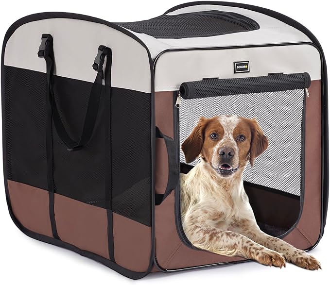 DONORO Dog Kennels and Crates for Medium Dogs, Portable Pop Up Indoor Pet Cage with Sturdy Wire Frame, Collapsible Travel Crate Soft Sided Cat Bag Escape Proof (Brown, 32.0" L x 21.0" W x 26.0" H)