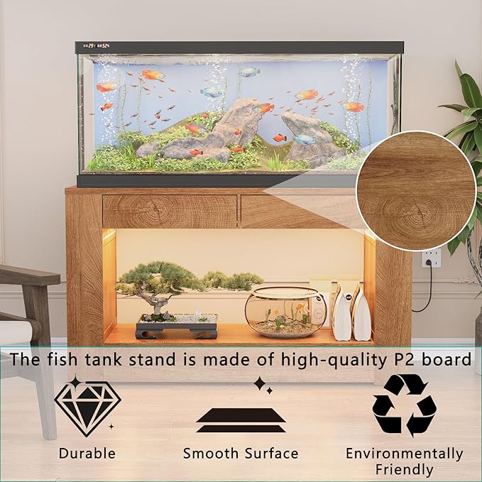 55–75 Gallon Aquarium Stand for Fish Tank & Turtle Tank, MDF Top & Drawers, Reinforced Metal Frame, LED Light, Power Outlets, 1000 lbs, 55.1”W × 18.5”D(Natural)