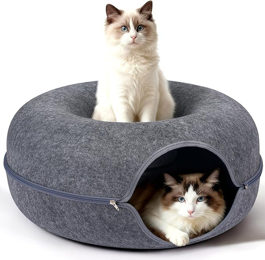 Peekaboo Cat Cave Bed for Indoor Cats, Scratch-Resistant Cat Donut Tunnel for Multiple & Large Cats, Detachable Round Cat Hideaway for Playing, Sleeping and Hiding, Up to 30-45 lbs