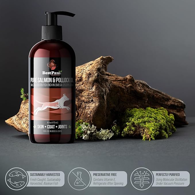 Pure Wild Alaskan Salmon Oil for Dogs & Cats Skin and Coat - Fish Oil Liquid with Pump - Supports Joint Function, Immune & Heart Health - Omega 3 Liquid Food Supplement - All Natural EPA + DHA - 16oz