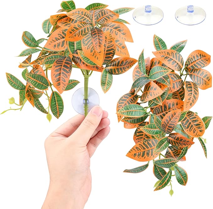 2 Pack Reptile Plants, Artificial Hanging Plants with Suction Cups, Habitat Decor Plastic Vines Decorations for Bearded Dragons Lizards Snake Geckos Frogs -Gold